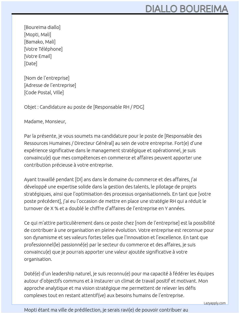 Entreprise At dialloboureima044@gmail.com Cover Letter