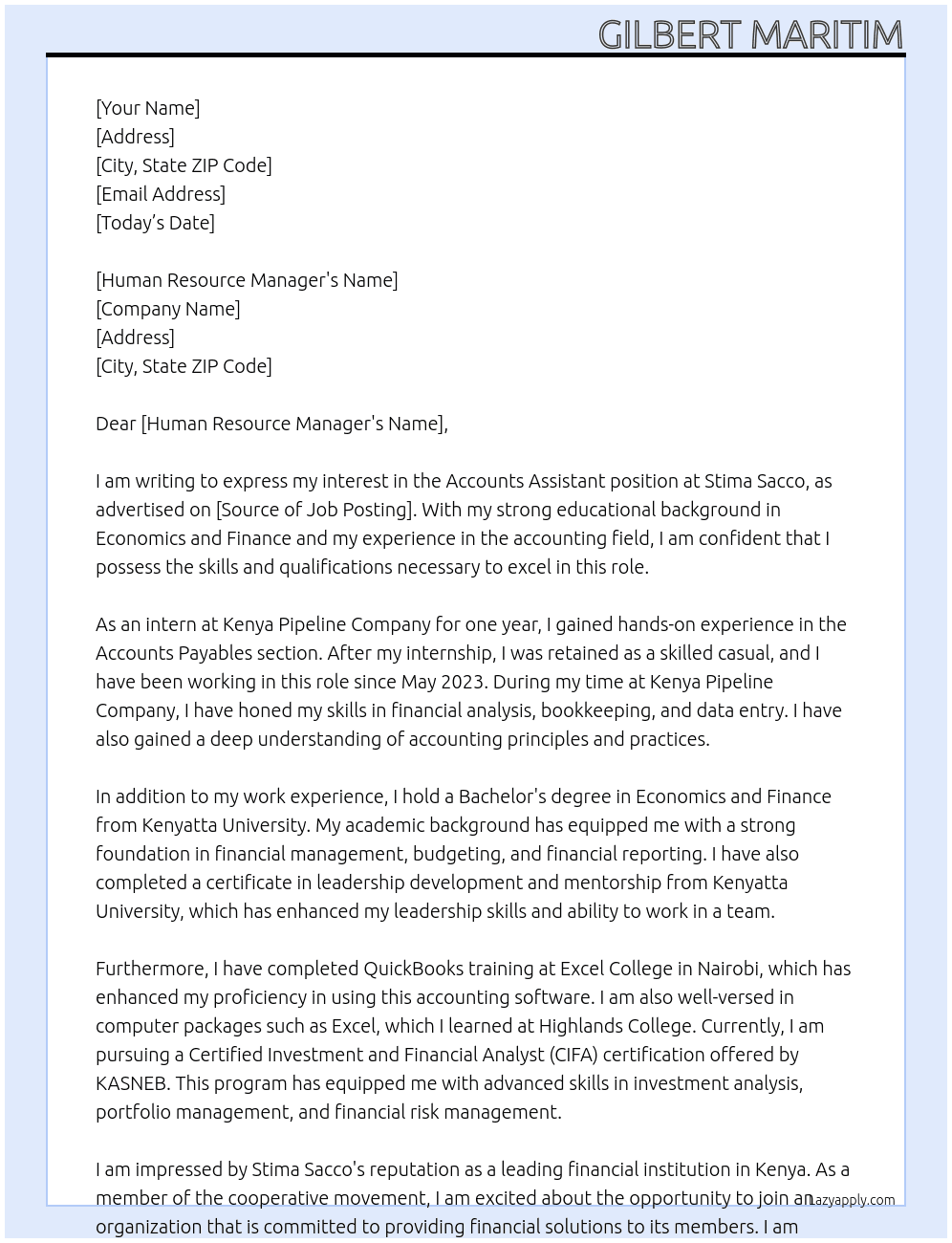 Accounts Assistant At Stima Sacco Cover Letter