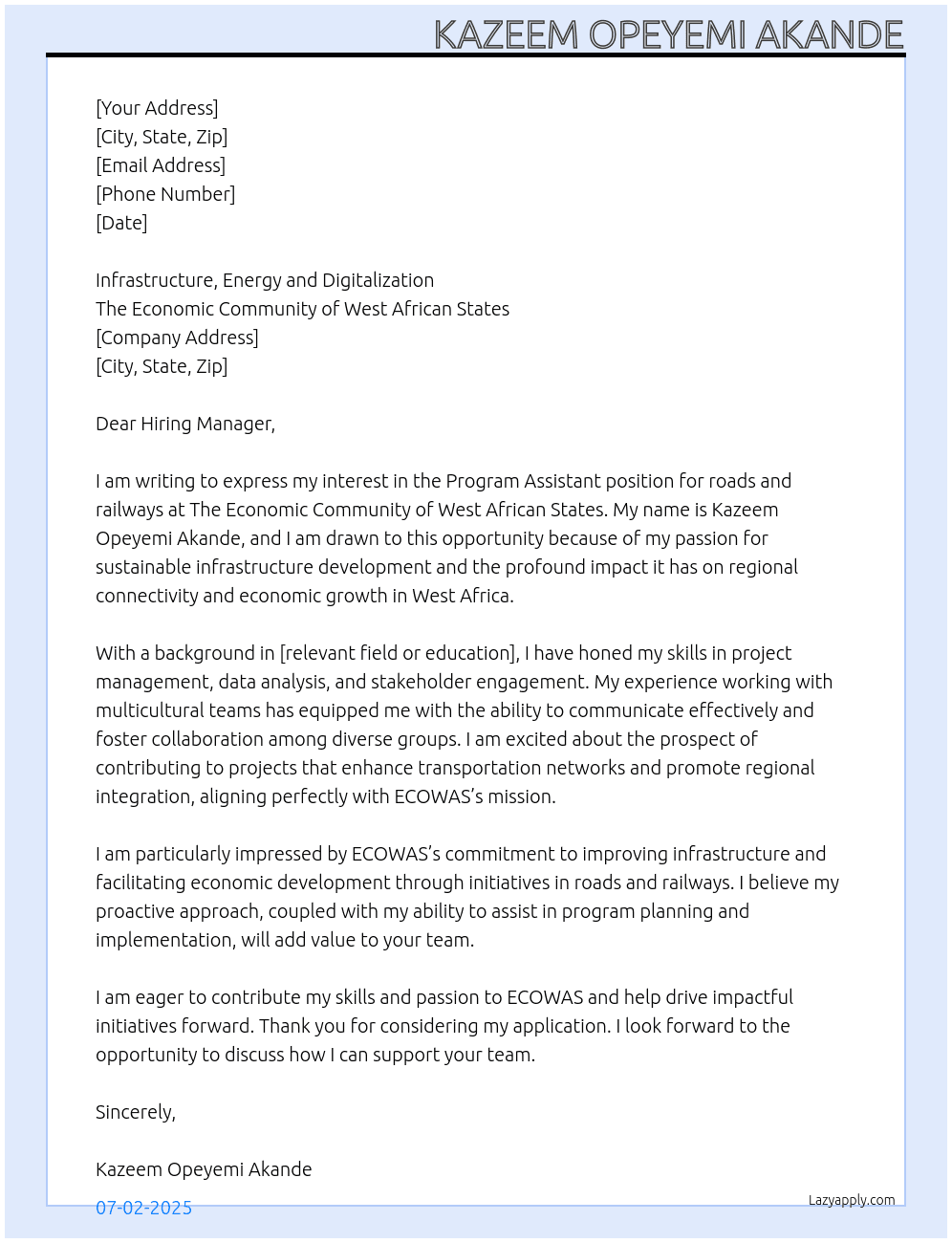 Program Assistant, roads and railways At The Economic Community of West African States  Cover Letter
