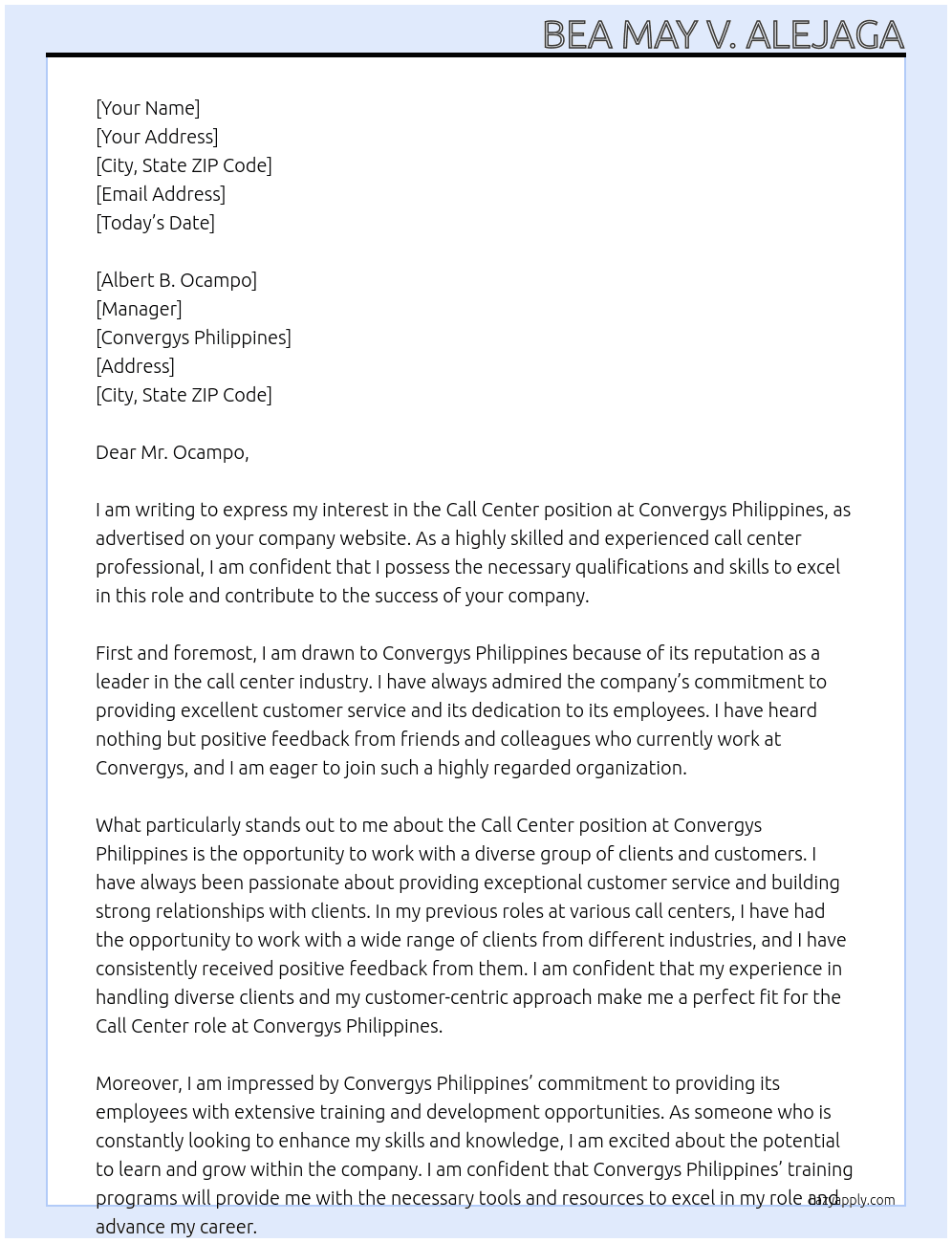 Call Center  At Convergys Philippines  Cover Letter