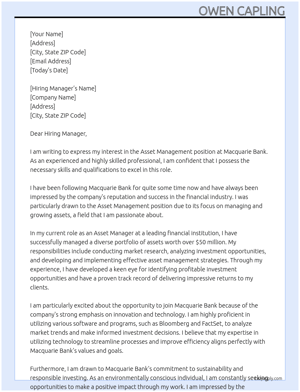 Asset Managament At Macquarie Bank Cover Letter