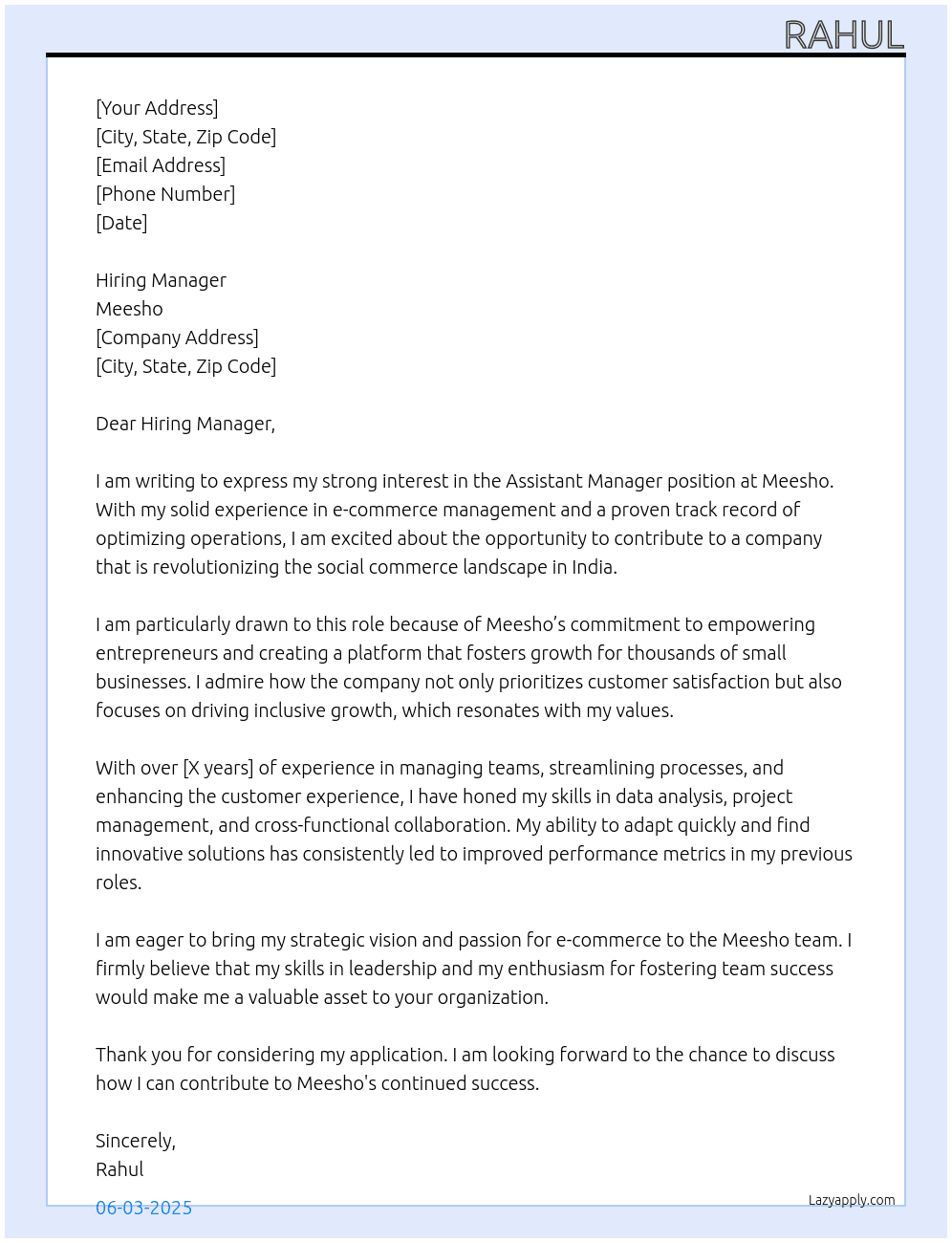Assistant Manager Experience At Meesho Cover Letter