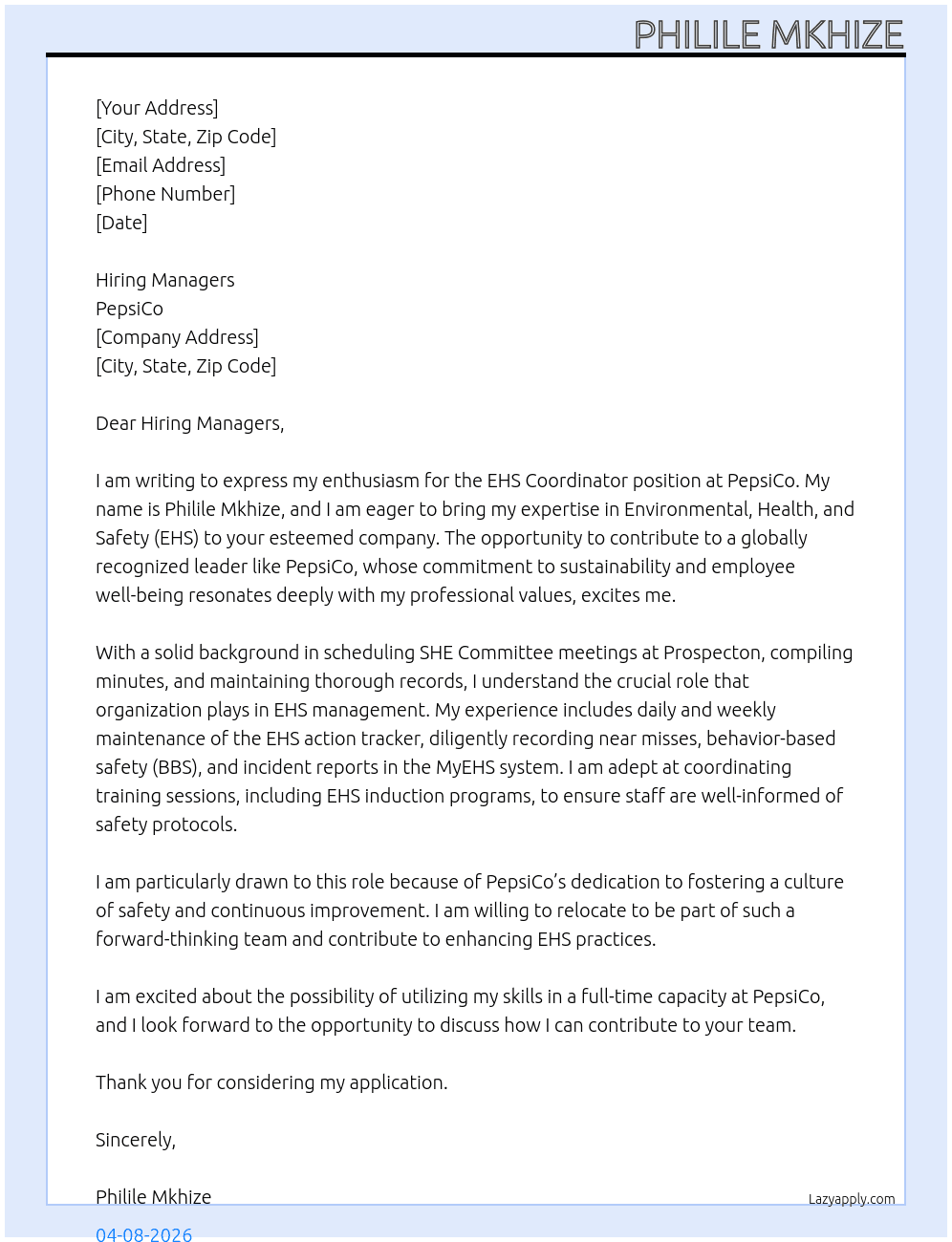 EHS Coordinator At PepsiCo Cover Letter