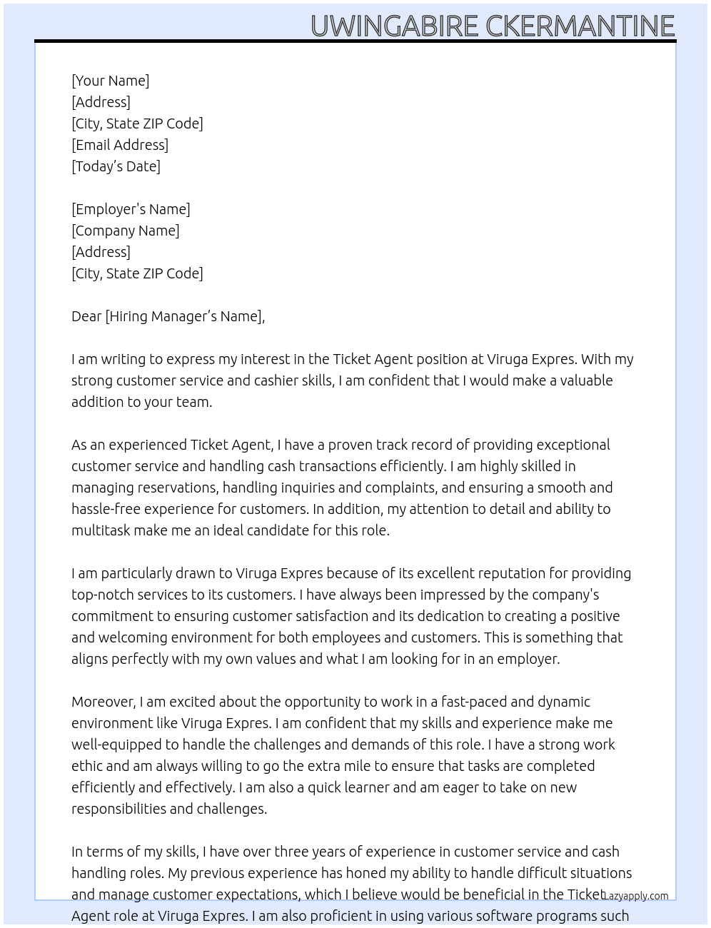 Ticket agent At Viruga expres Cover Letter