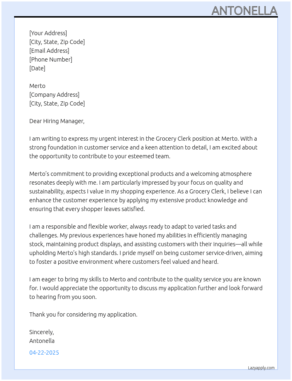 Grocery clerk  At Merto Cover Letter