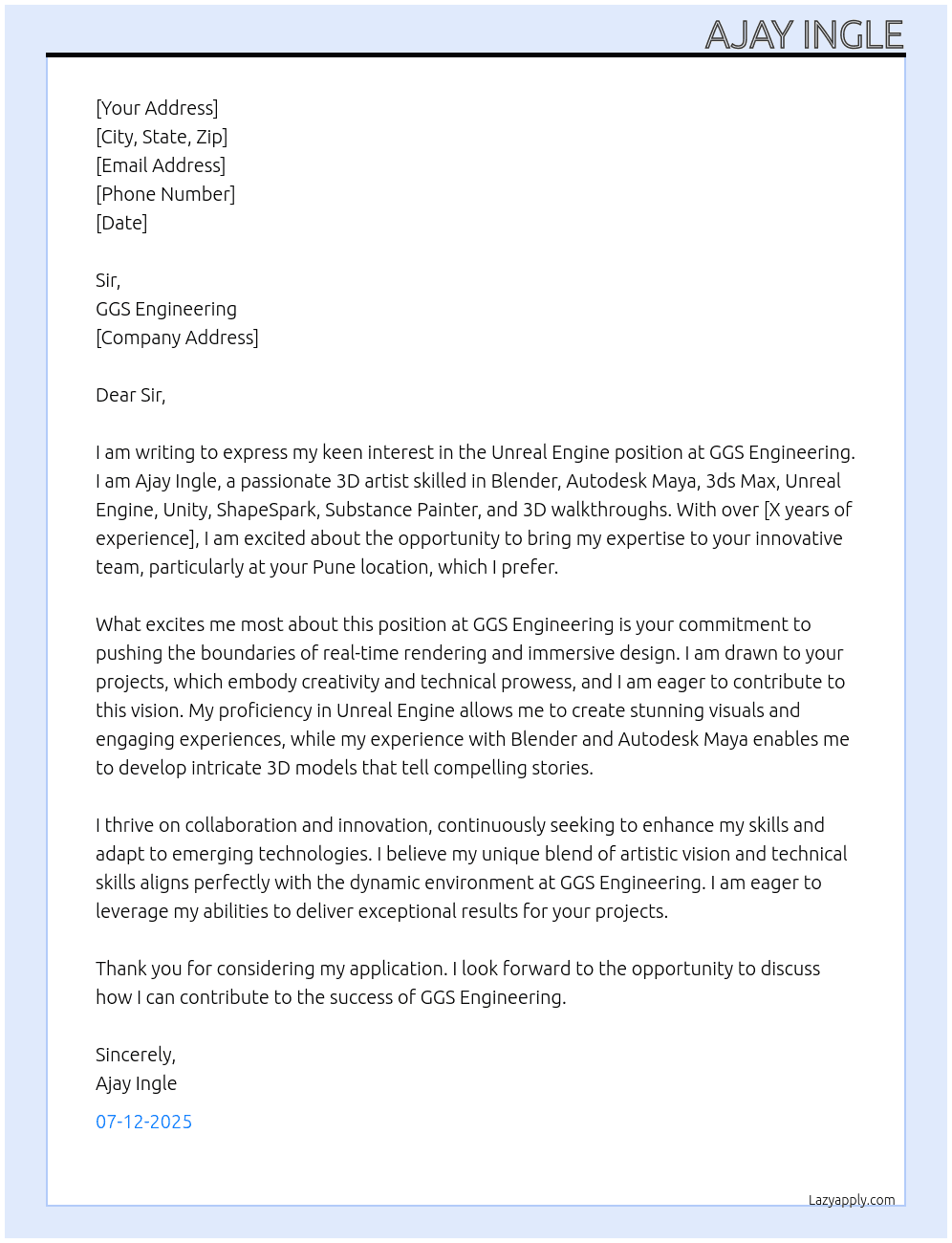 Unreal engine  At GGS enginnering  Cover Letter