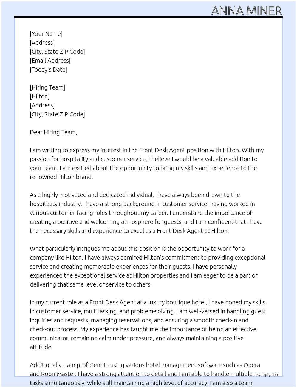 front desk agent At Hilton Cover Letter