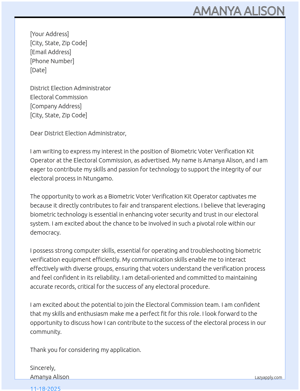 Biometric Voter Verification kit Operator  At ELECTORAL COMMISSION  Cover Letter