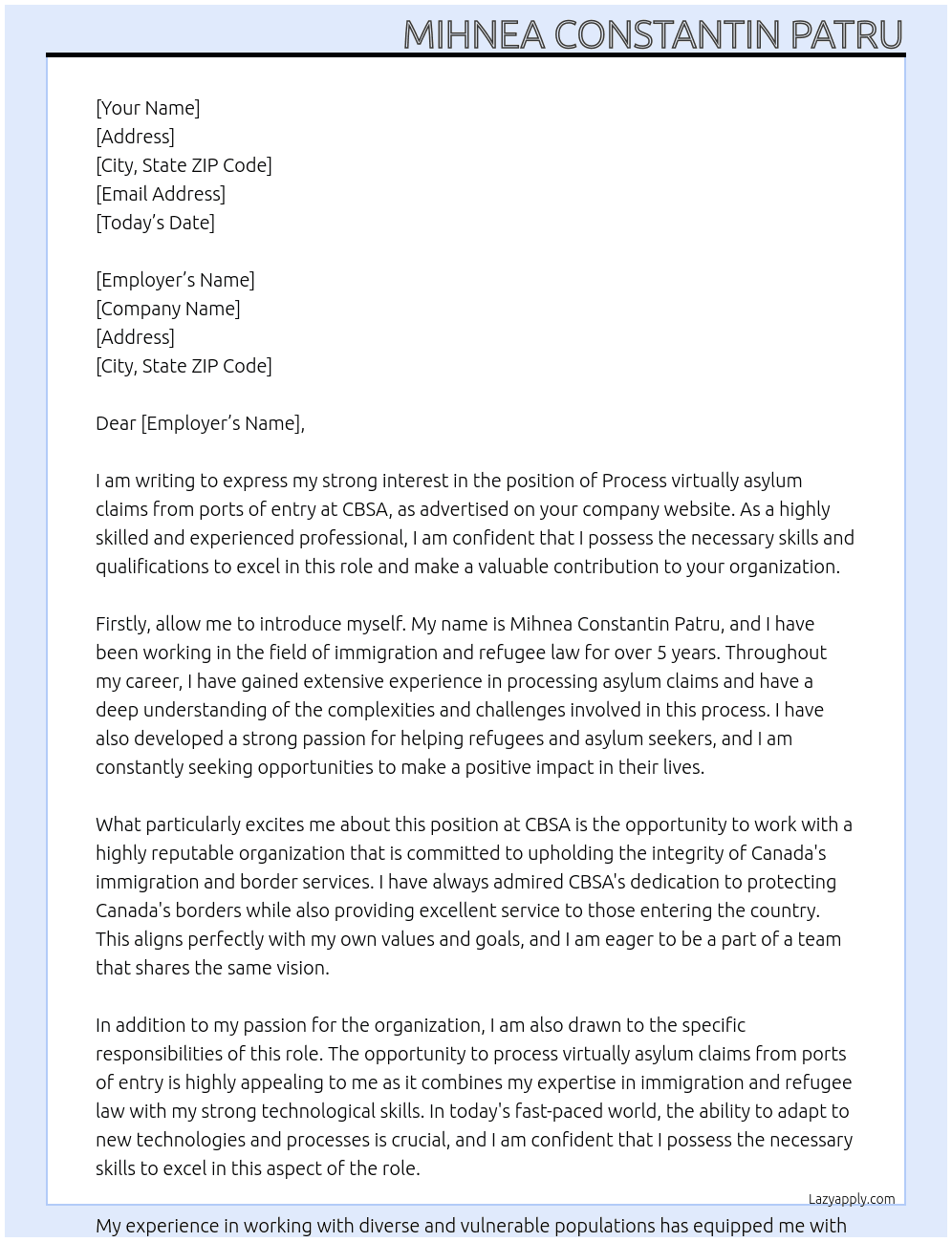 Process virtually asylum claims from ports of entry At CBSA Cover Letter