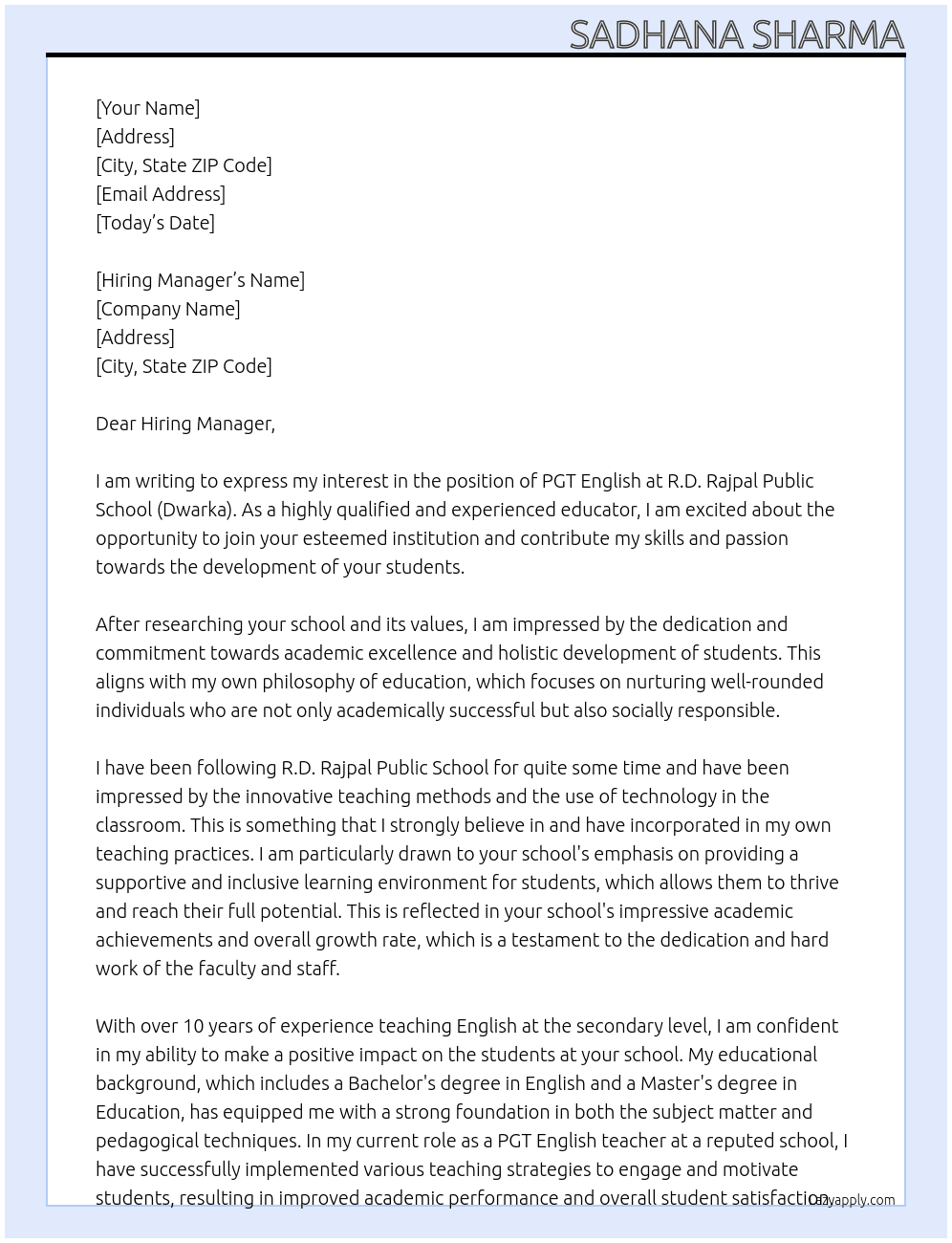 PGT English  At R.D. Rajpal Public School (Dwarka) Cover Letter