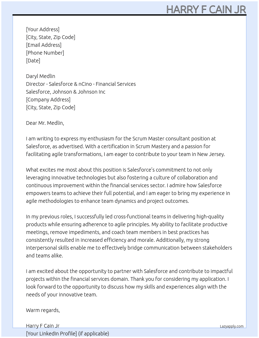 Scrum Master At Salesforce, Johnson & Johnson Inc Cover Letter