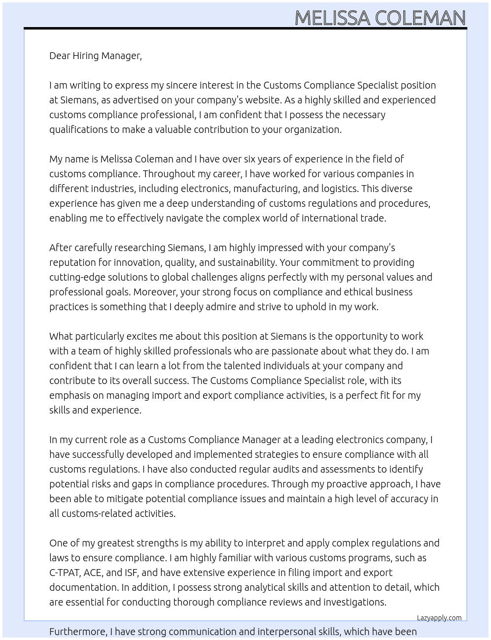 Customs Compliance Specialist  At Siemans Cover Letter
