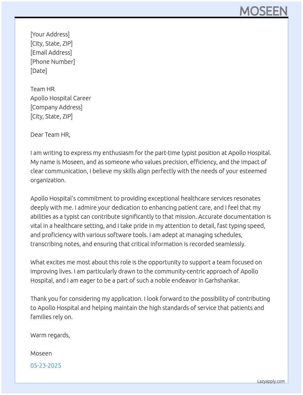 typist At apollo hospital career Cover Letter