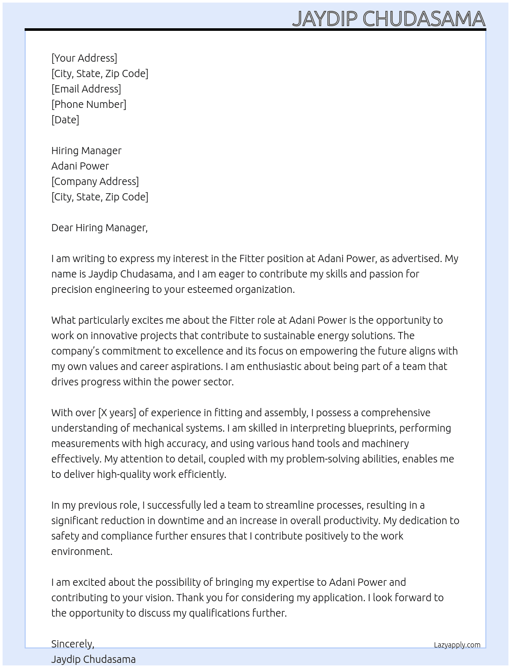 Fitter  At Adani power  Cover Letter