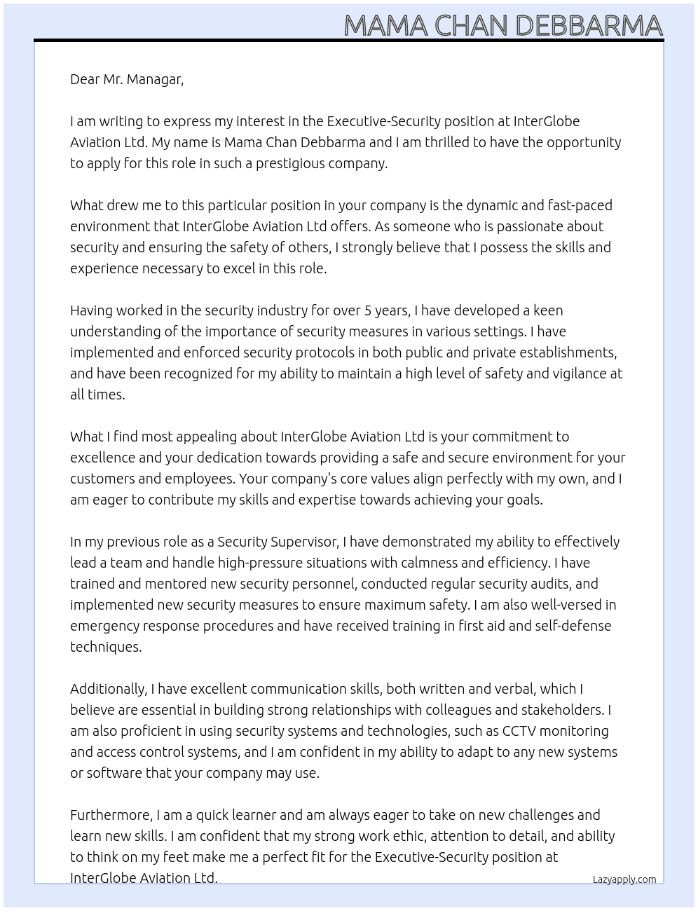 Executive-security At InterGlobe Aviation Ltd Cover Letter