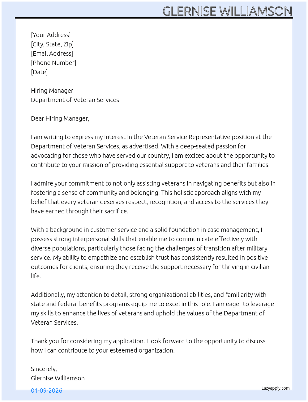 veteran service representative At Department of Veteran Services Cover Letter