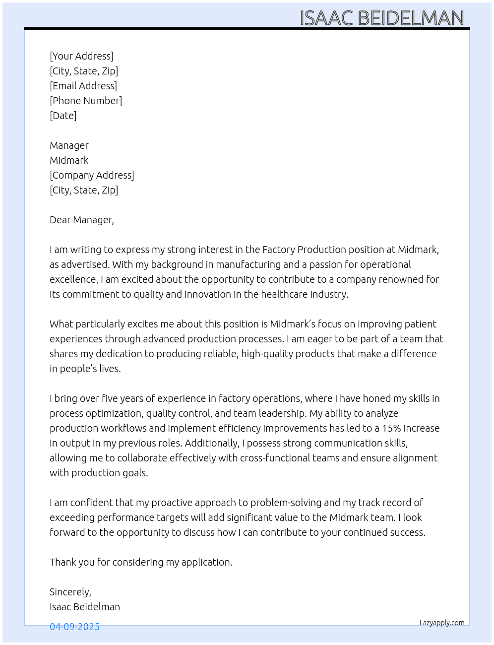 Factory Production At Midmark Cover Letter