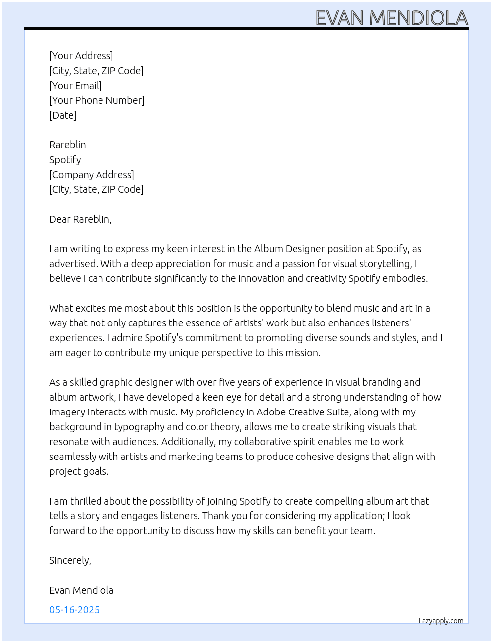 Cover letter for album designer - LazyApply
