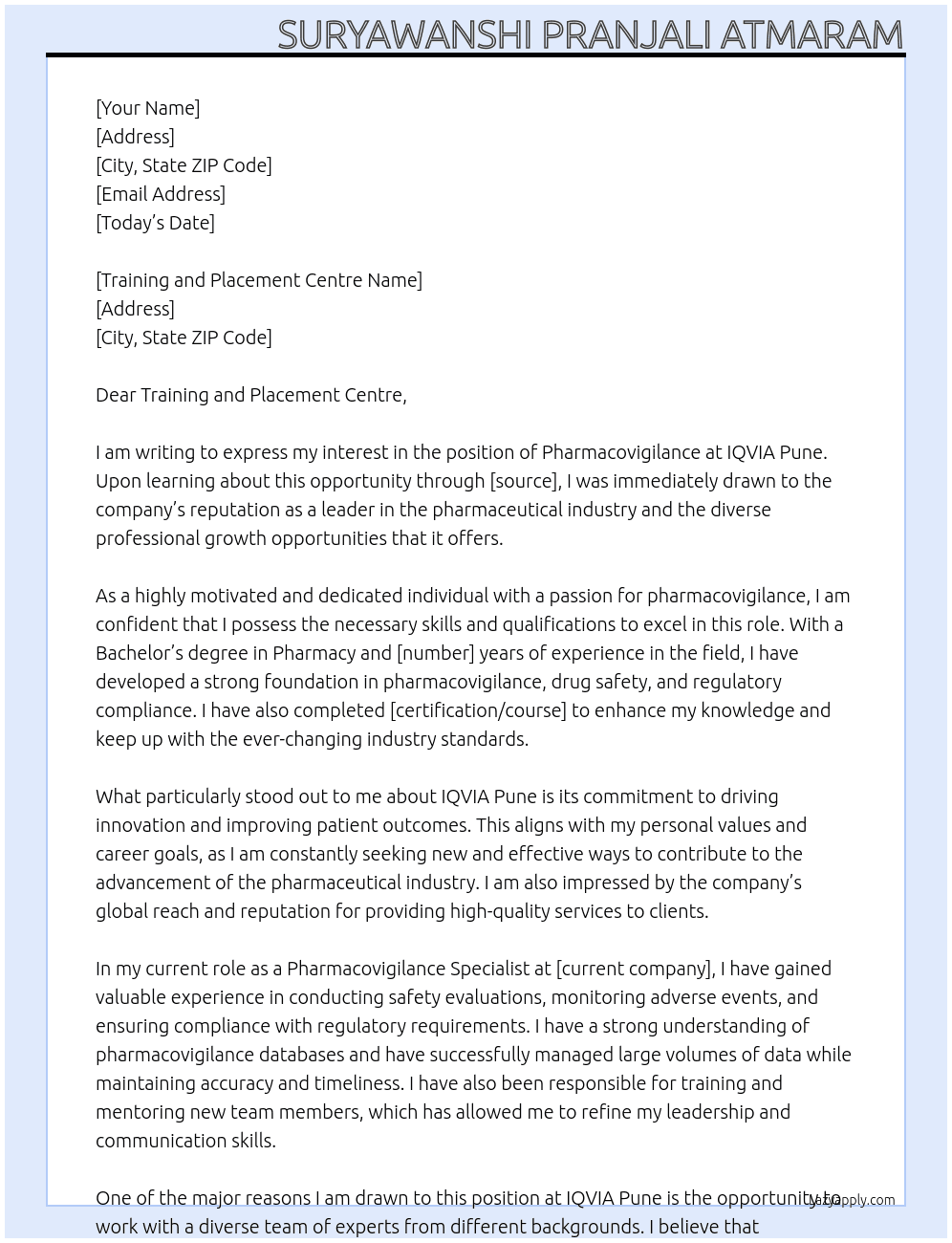 Pharmacovigilance At IQVIA Pune  Cover Letter