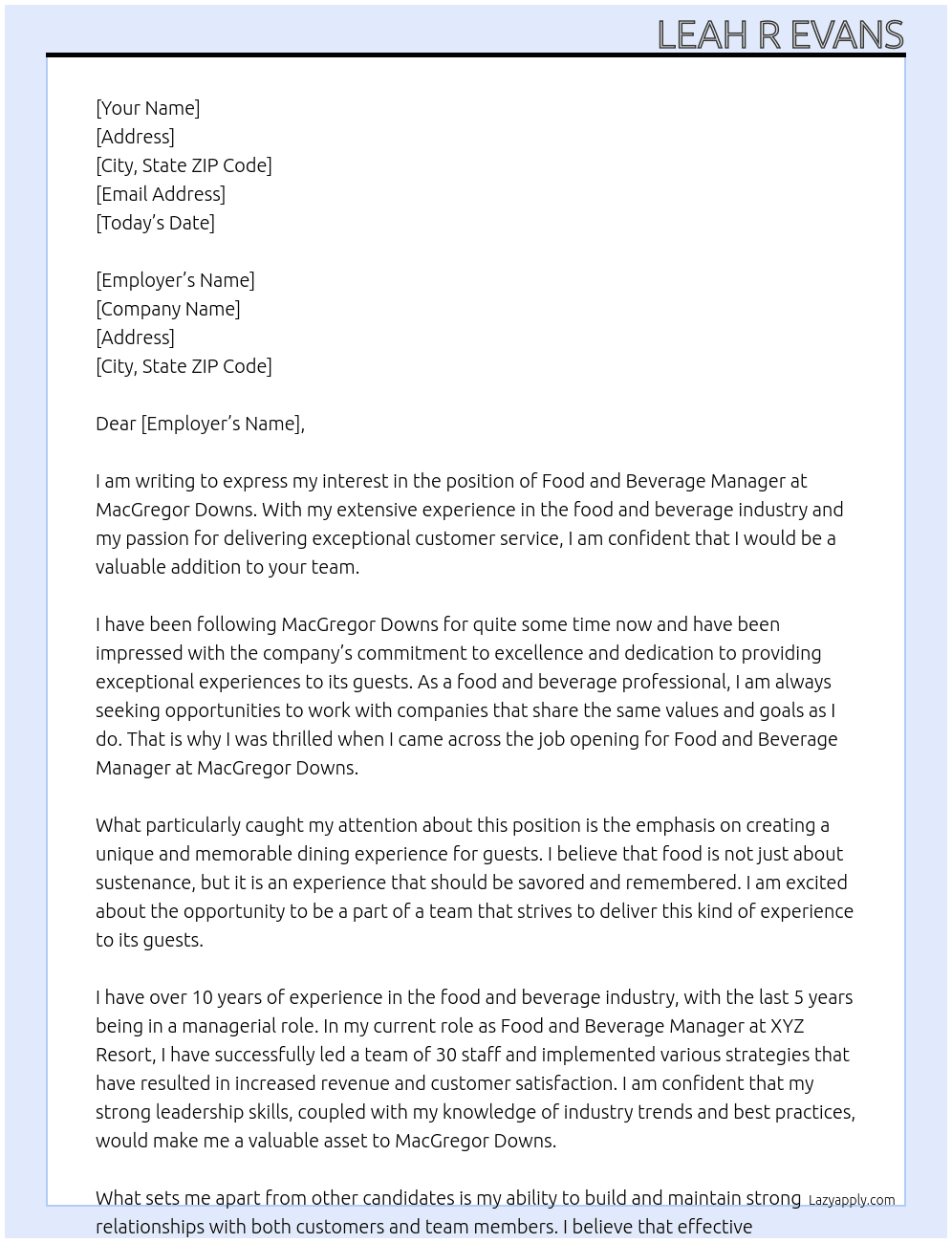 Food and Beverage Manager At MacGregor Downs Cover Letter