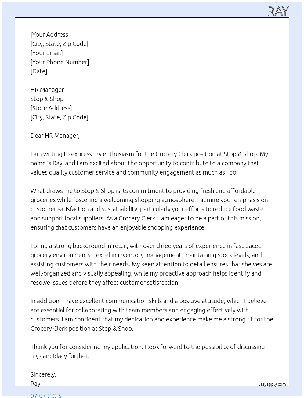 grocery clerck At Stop & Shop Cover Letter