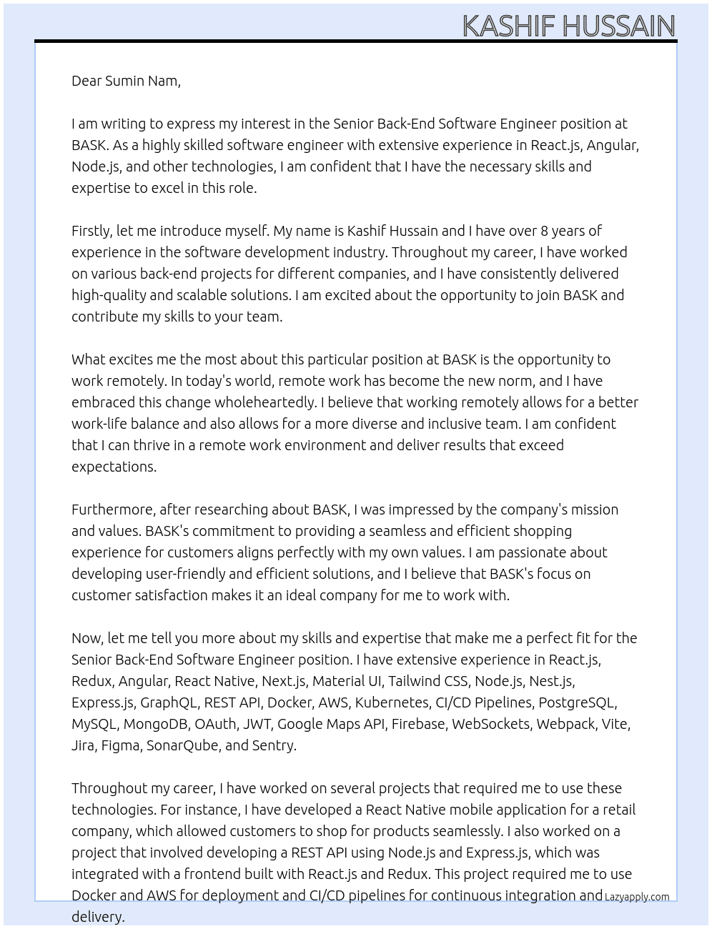 Senior Back-End Software Engineer (Remote) At BASK Cover Letter