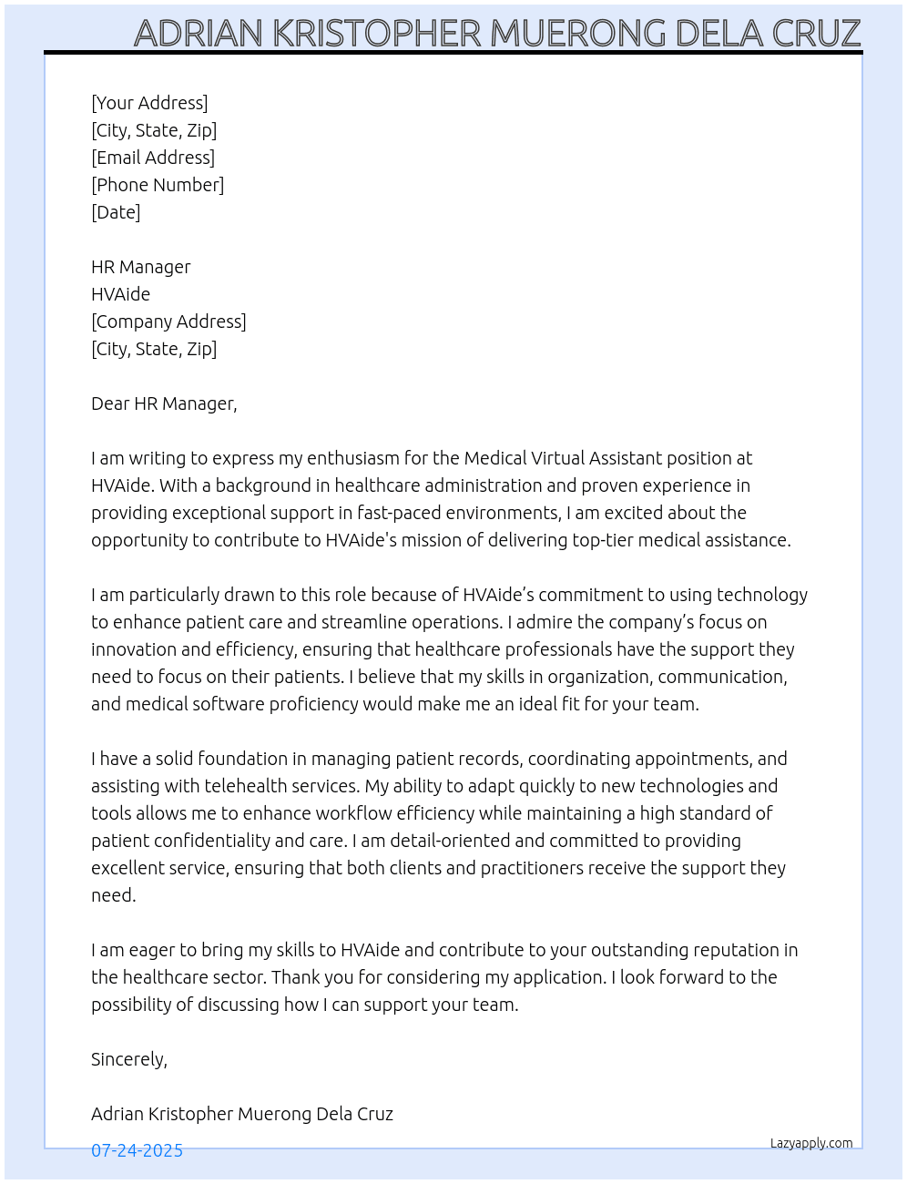 Medical Virtual Assistant At HVAide Cover Letter