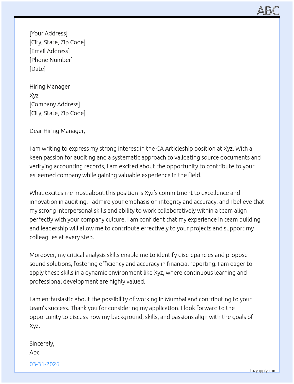 Cover letter for ca  articleship - LazyApply