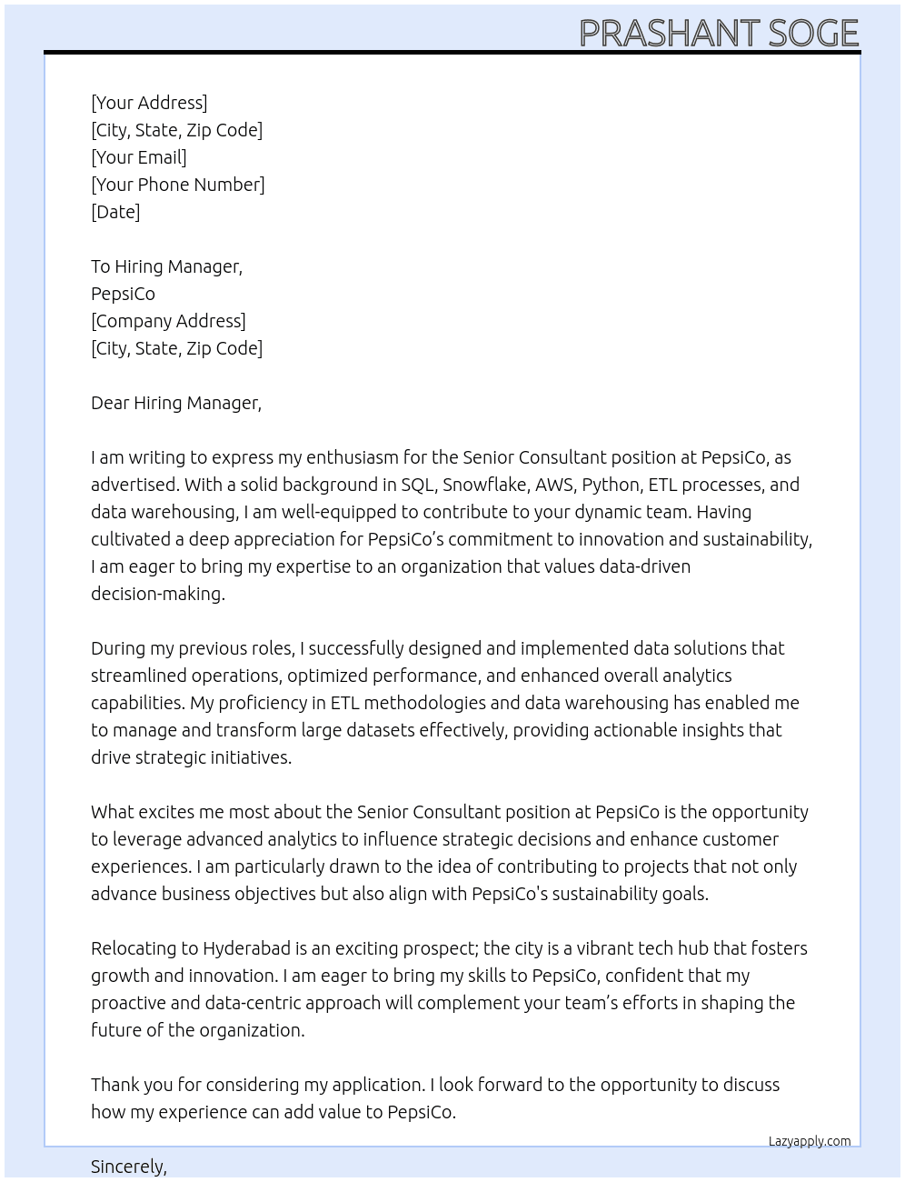Seniour Consultant  At Pepsico Cover Letter