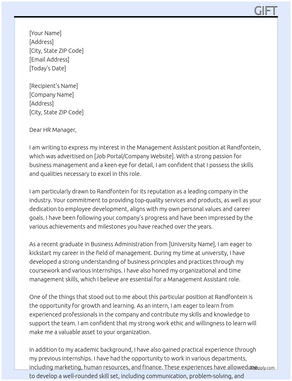 Management Assistant  At Randfontein Cover Letter