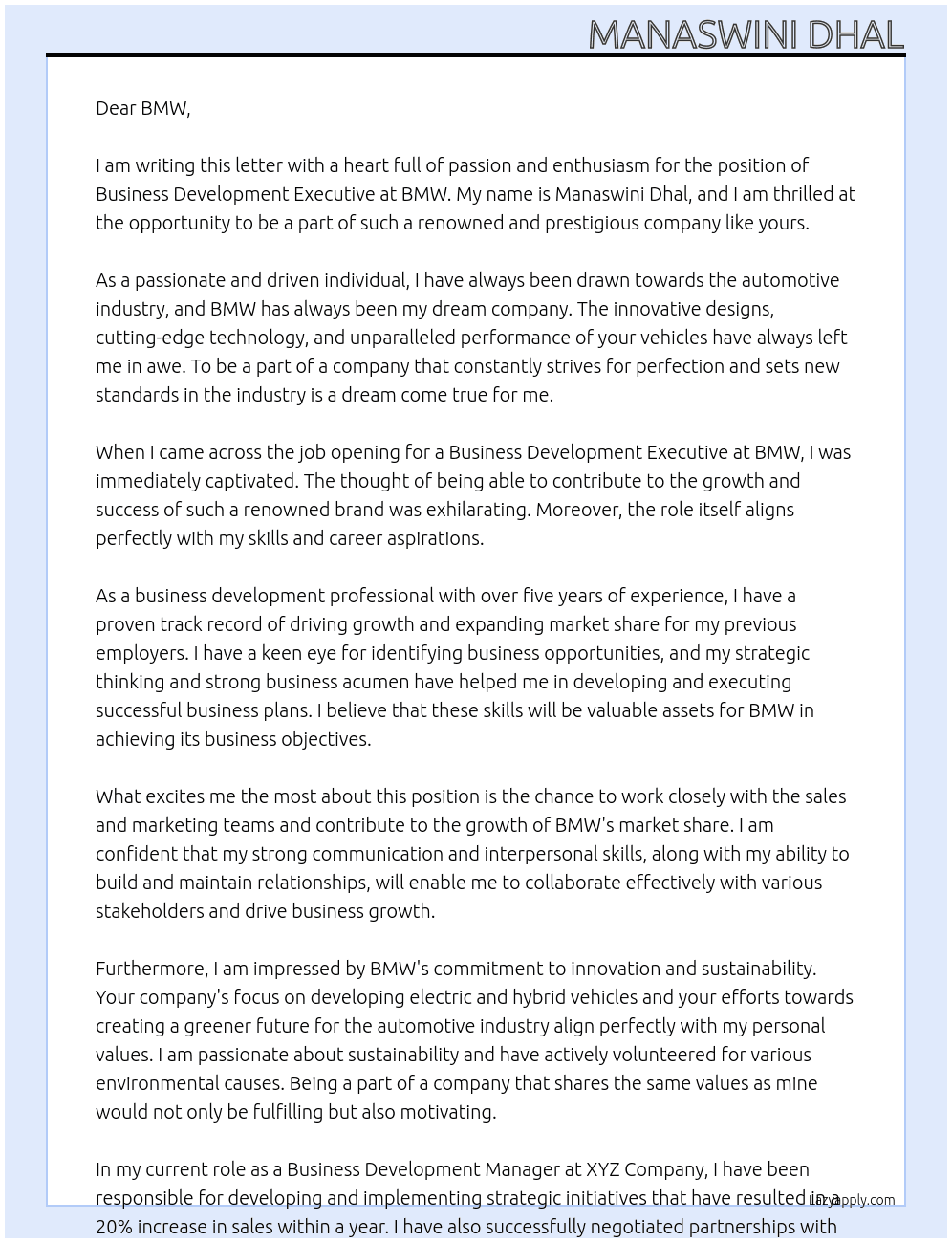 Cover letter for business devolment exucutive - LazyApply