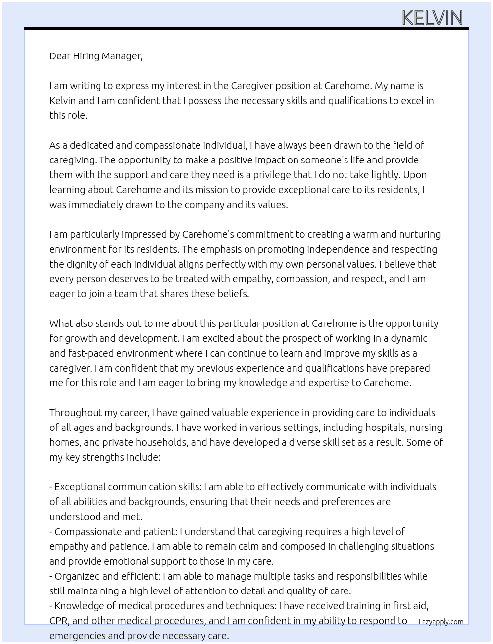 Caregiver At carehome  Cover Letter