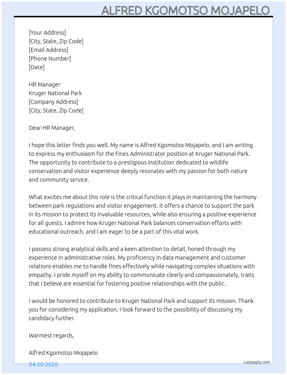 Fines administrator At Kruger National Park Cover Letter
