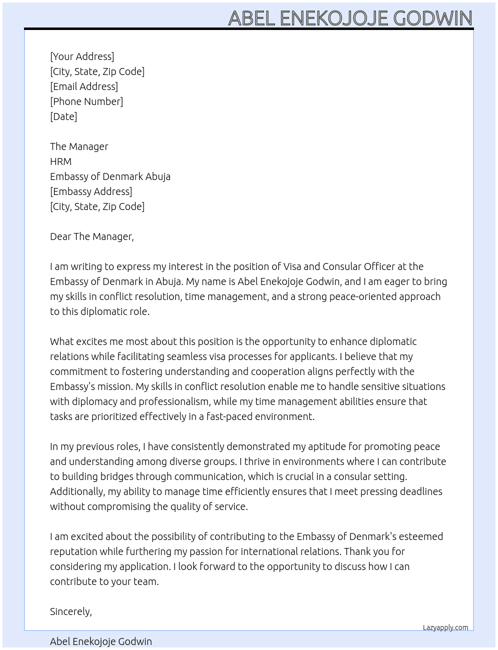 Cover letter for visa and consular officer - LazyApply