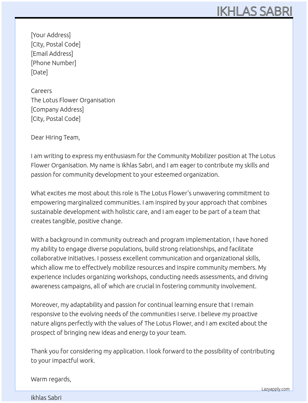 Community Mobilizers At The lotus flower organisation Cover Letter