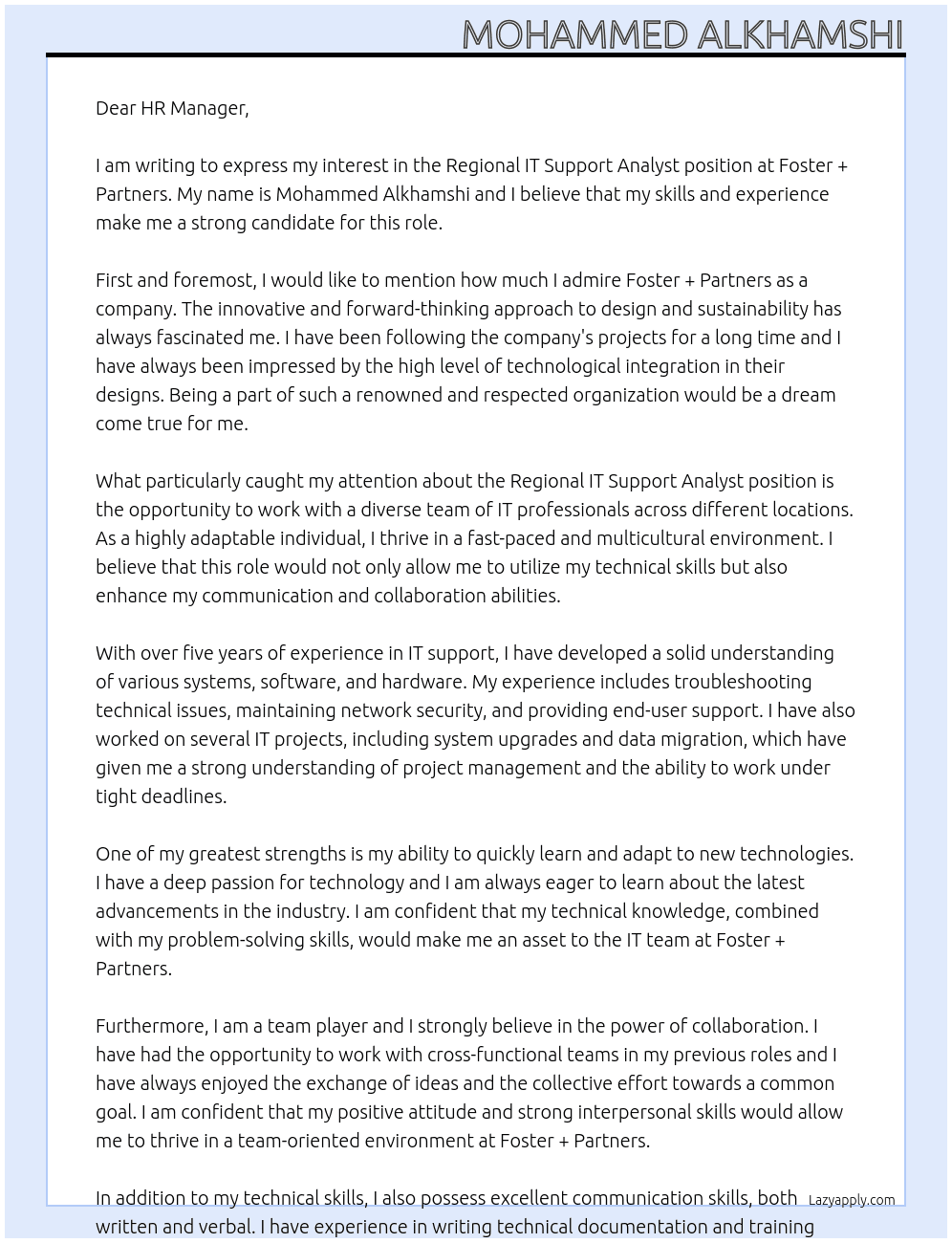  Regional IT Support Analyst At Foster + Partners Cover Letter