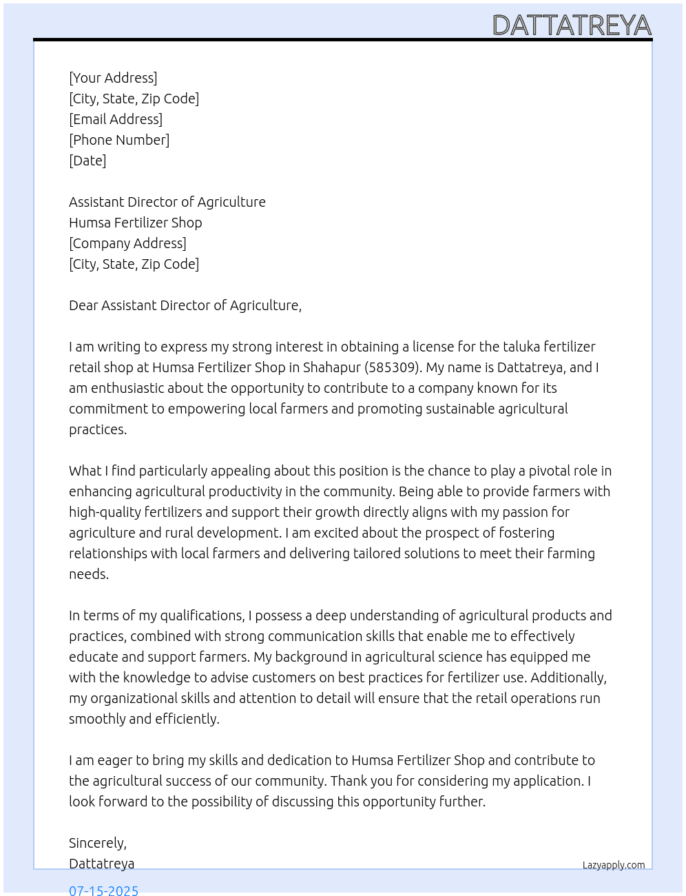 Licence for taluka fertilizer retail  shop At Humsa Fertilizer shop Cover Letter