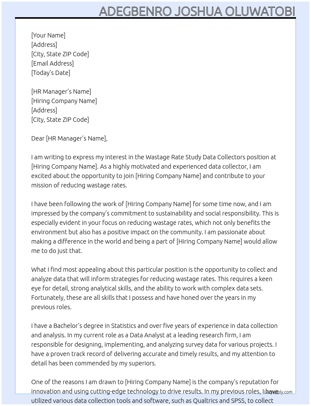 Wastage rate study Data collectors At Firm Cover Letter