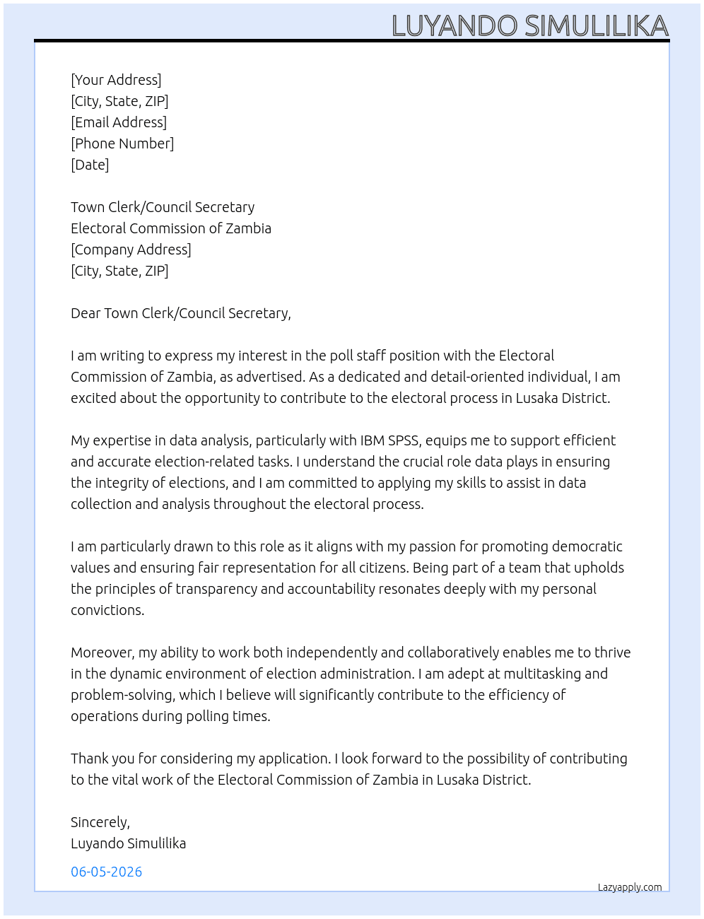 Cover letter for poll staff - LazyApply