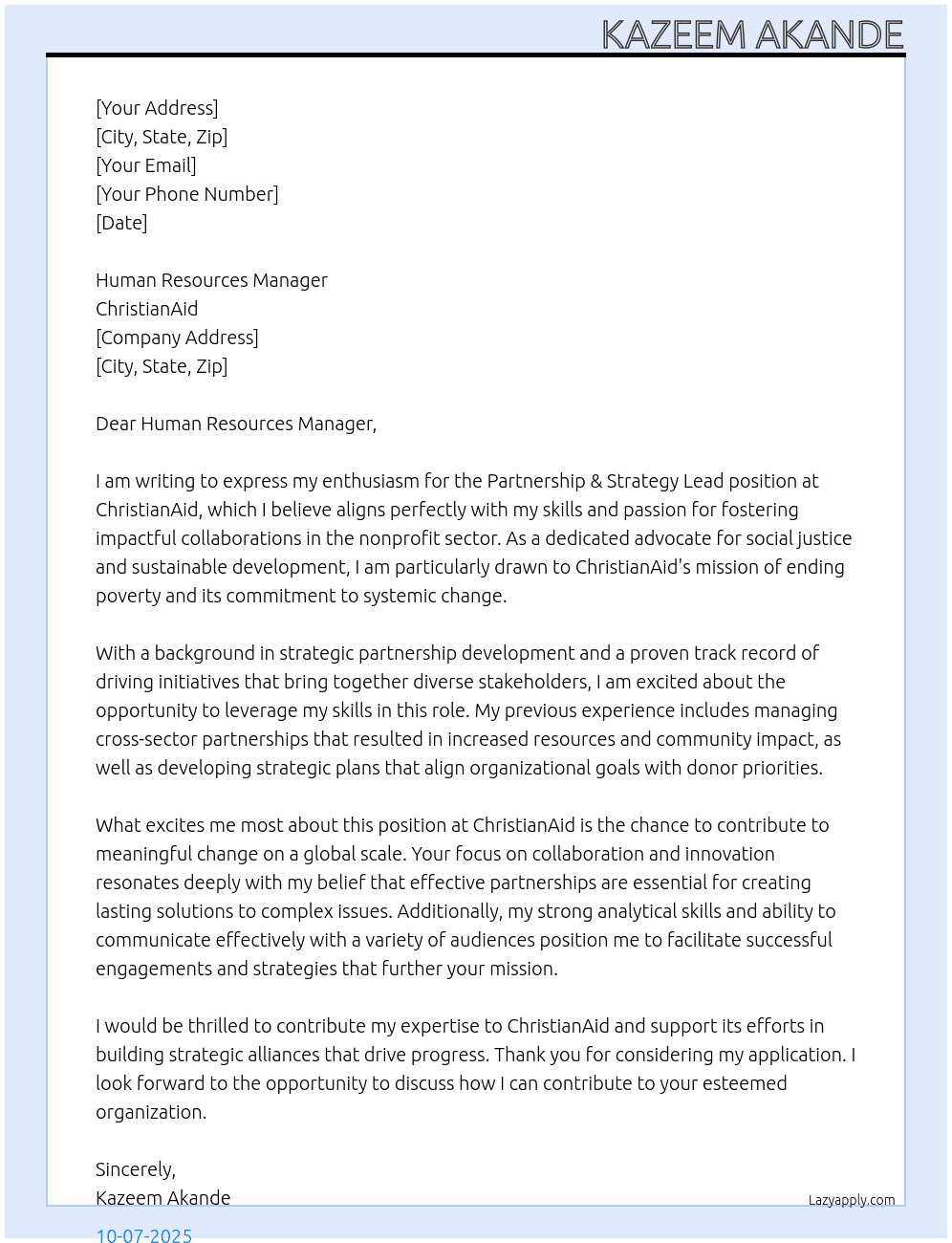Partnership & Strategy Lead At ChristianAid Cover Letter