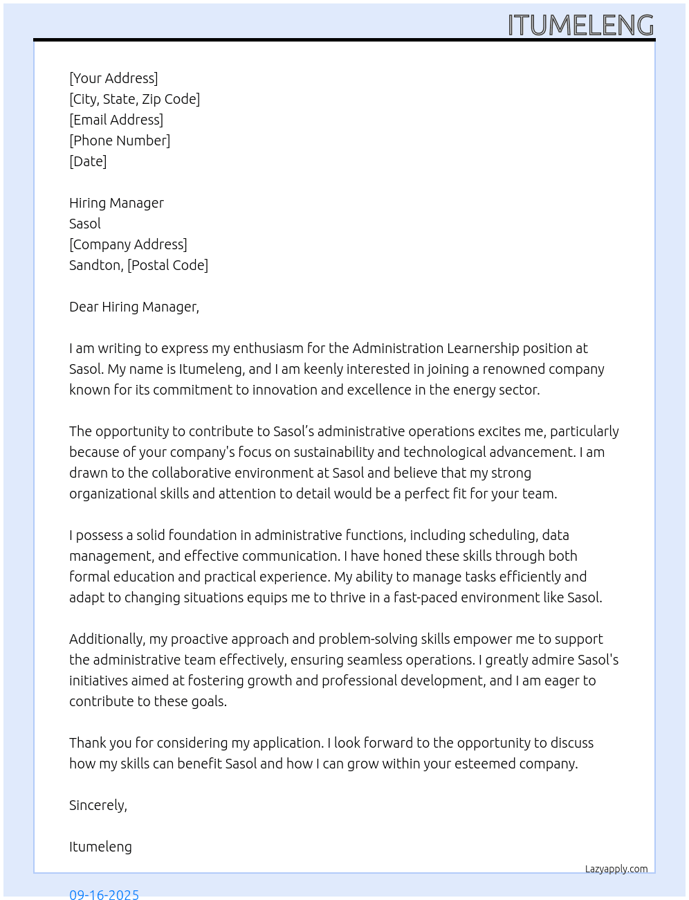 Cover letter for administration learnership - LazyApply