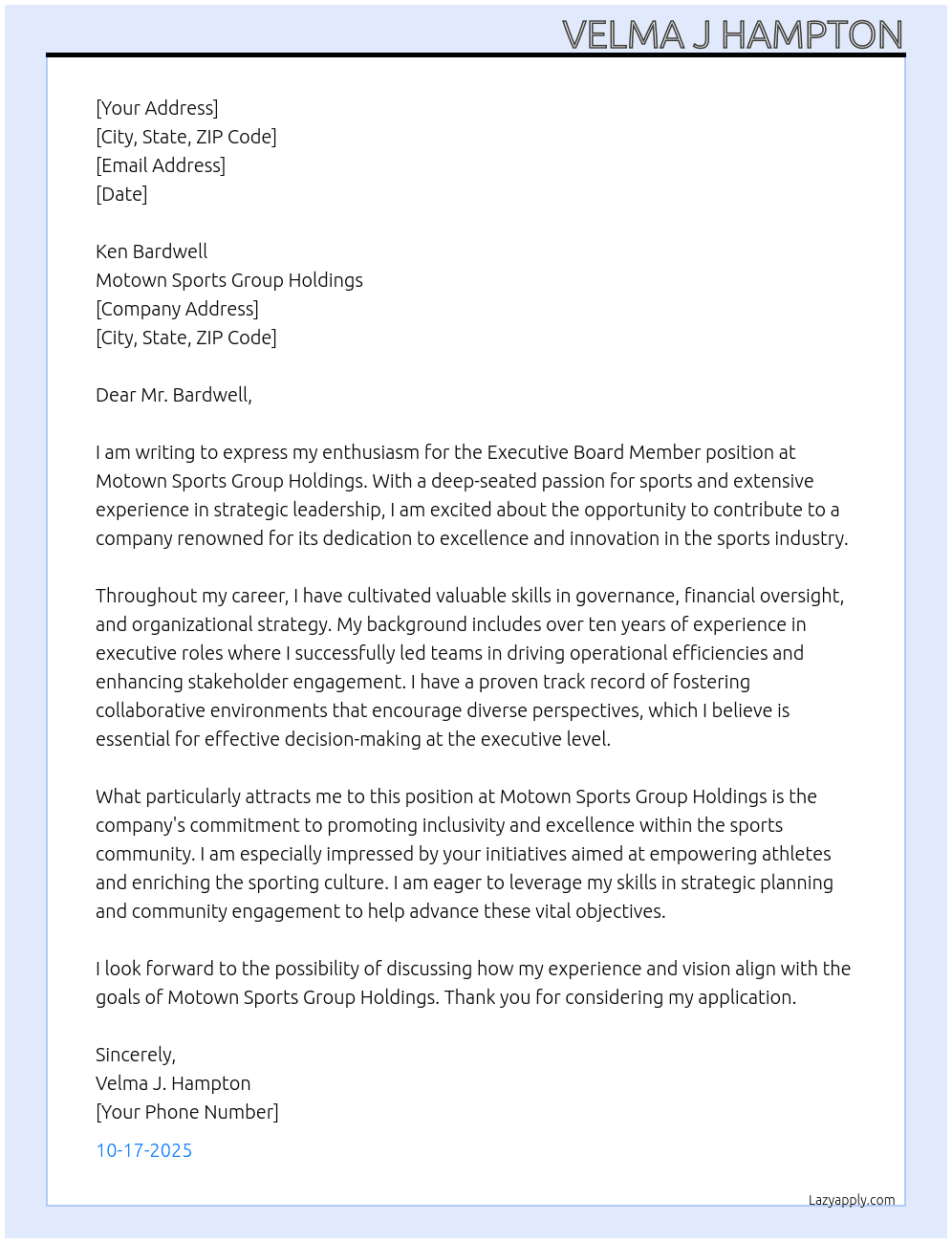 Cover letter for executive board member - LazyApply