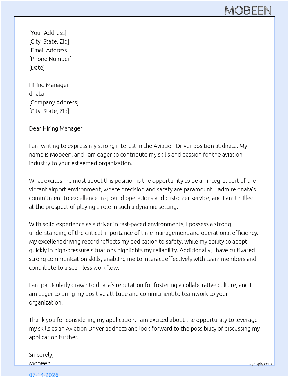 aviation driver At dnata Cover Letter