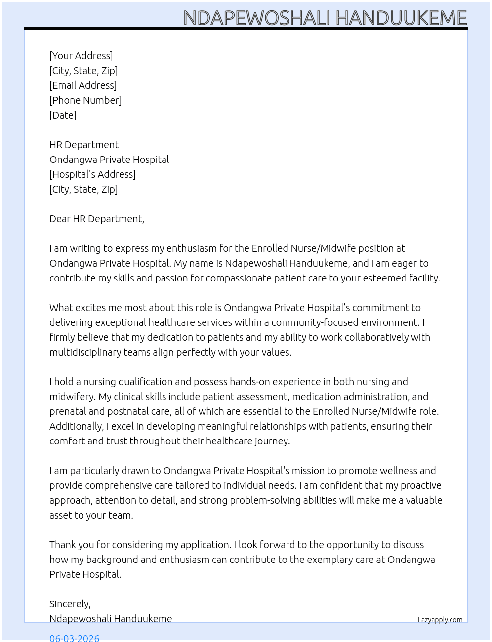 Enrolled Nurse/Midwife position  At Ondangwa Private Hospital  Cover Letter