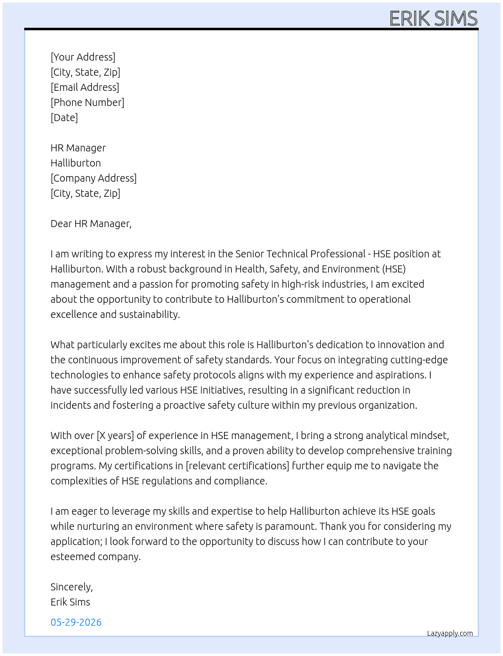 Cover letter for technical professional - senior technical professional - hse - LazyApply