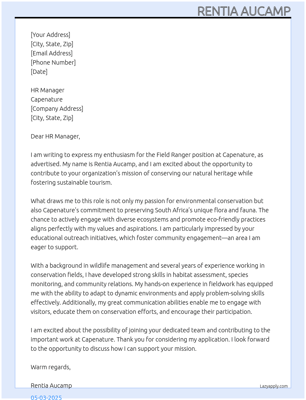 Field Ranger At Capenature Cover Letter