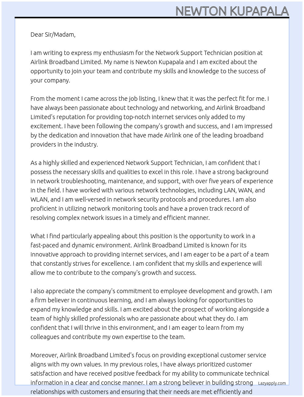 Cover letter for network support technician - LazyApply