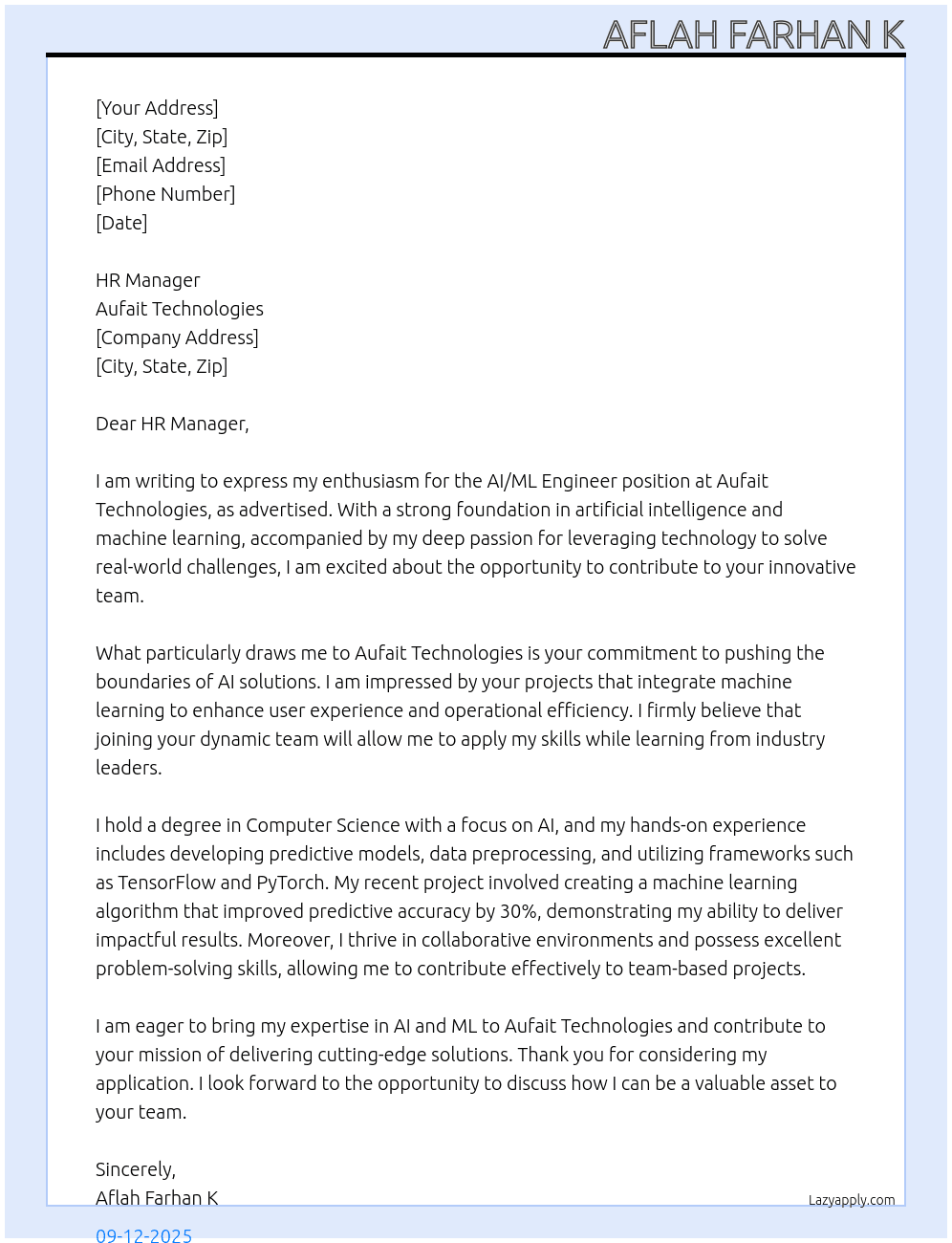 AI/ML engineer At aufait technologies Cover Letter