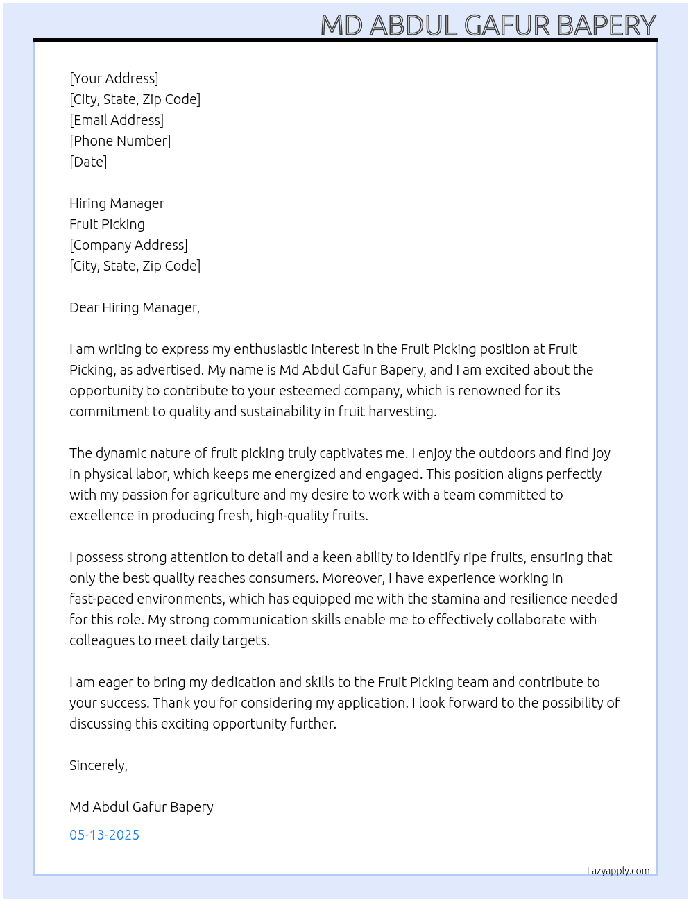 fruit picking At fruit picking Cover Letter