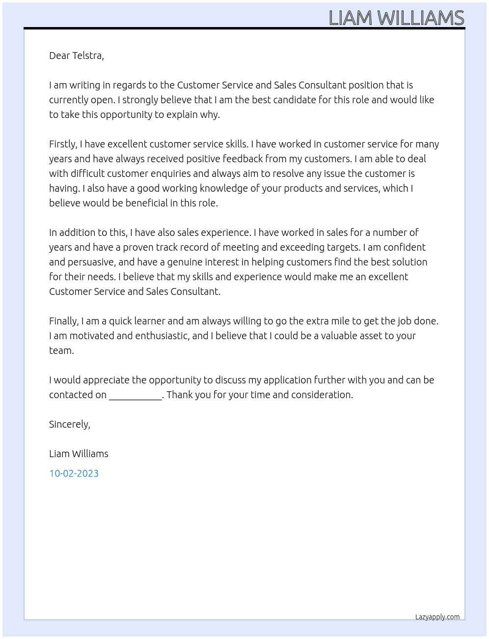 Customer Service and Sales Consultant At Telstra Cover Letter